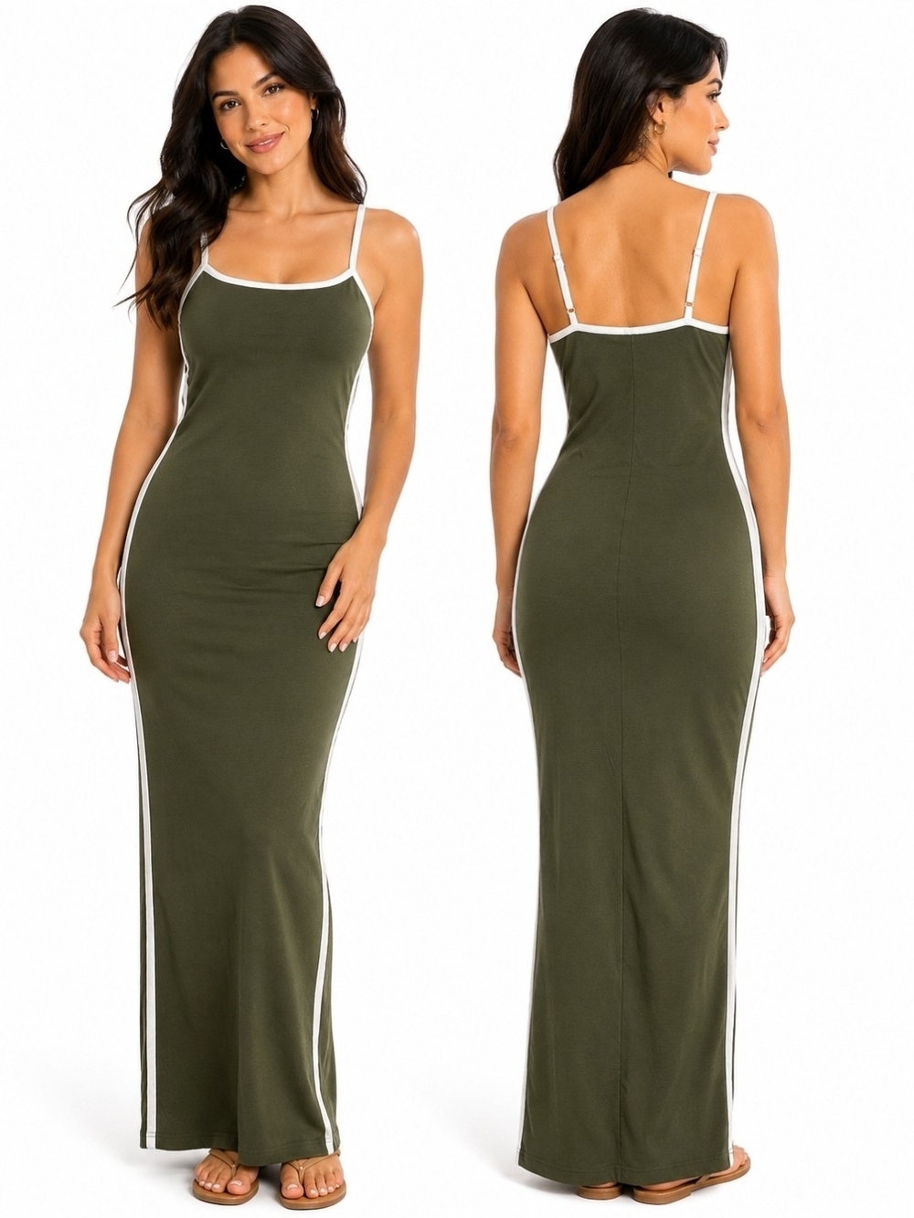 Olive Green Maxi Dress with White Trim and Adjustable Straps - Picture 2 of 8